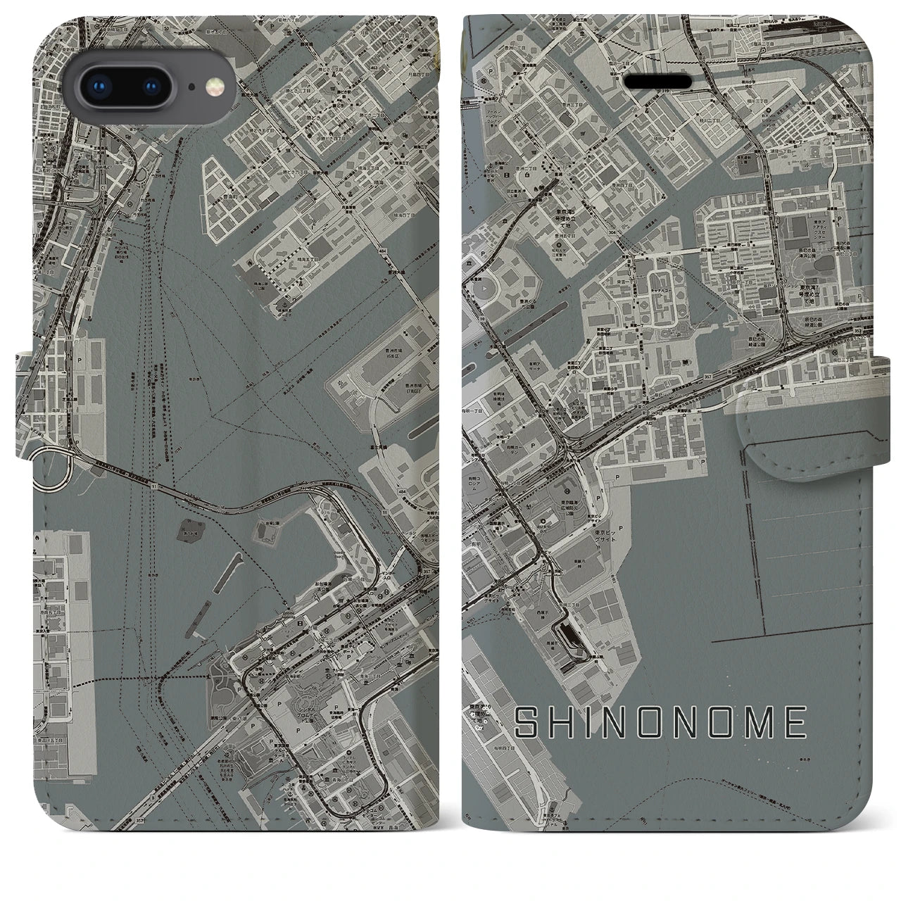 【東雲(東京都)】地図柄iPhoneケース(手帳タイプ)モノトーン・iPhone 8Plus /7Plus / 6sPlus / 6Plus 用