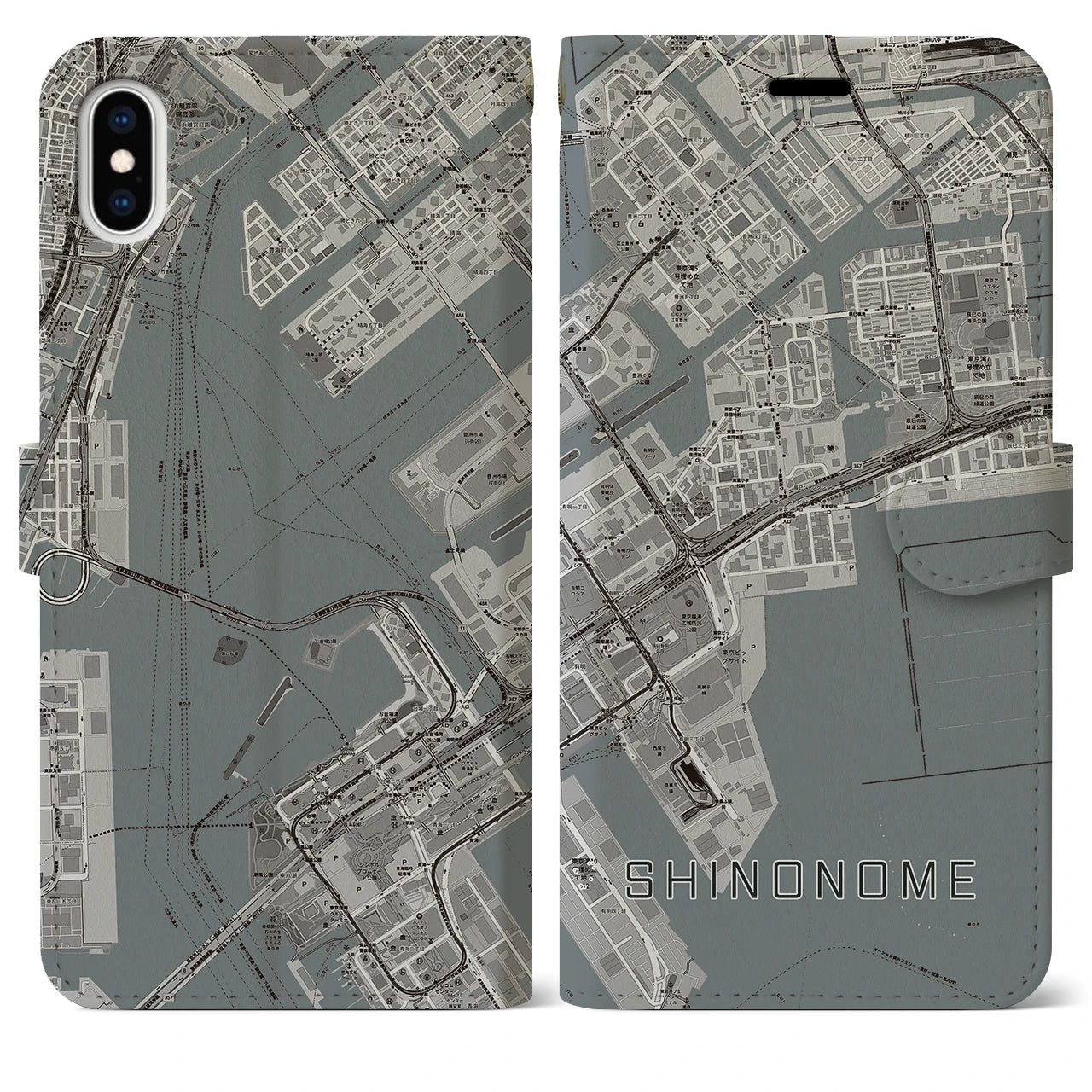 【東雲(東京都)】地図柄iPhoneケース(手帳タイプ)モノトーン・iPhone XS Max 用