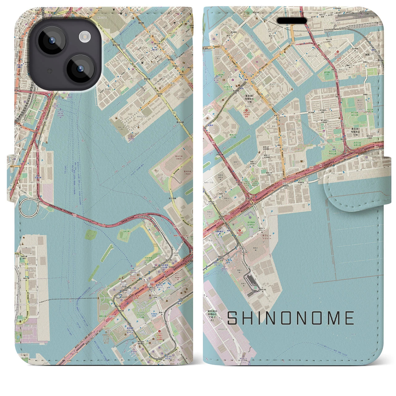 【東雲(東京都)】地図柄iPhoneケース(手帳タイプ)ナチュラル・iPhone 14 Plus 用