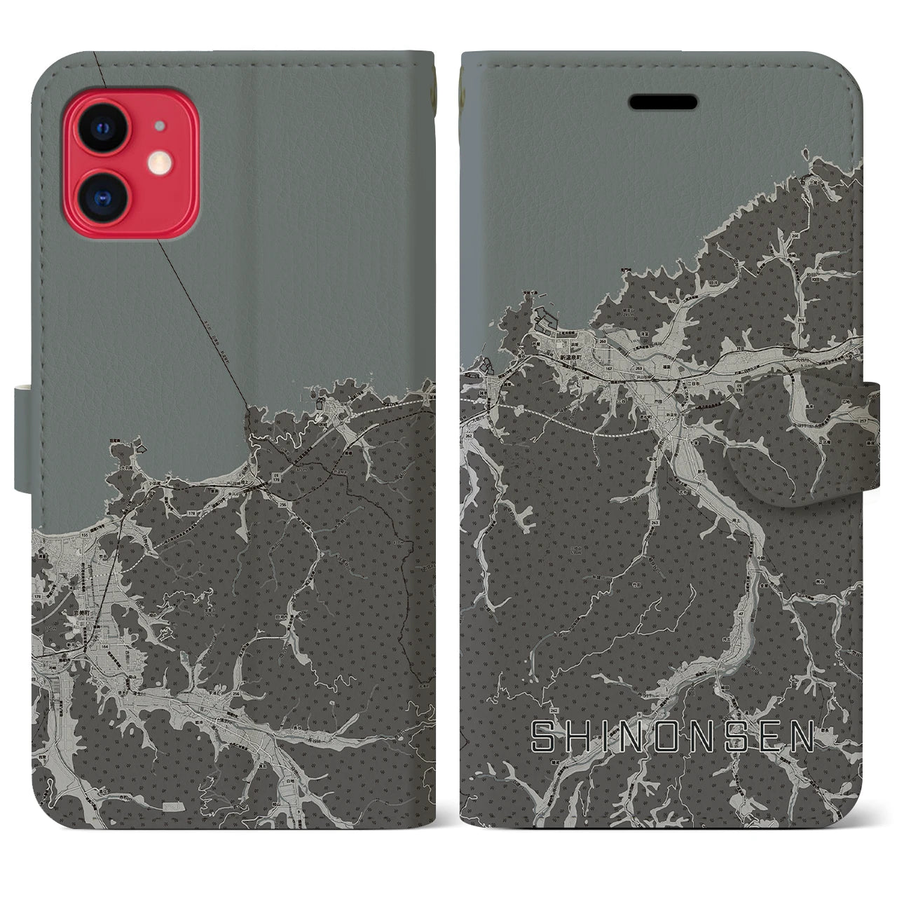 【新温泉(兵庫県)】地図柄iPhoneケース(手帳タイプ)モノトーン・iPhone 11 用