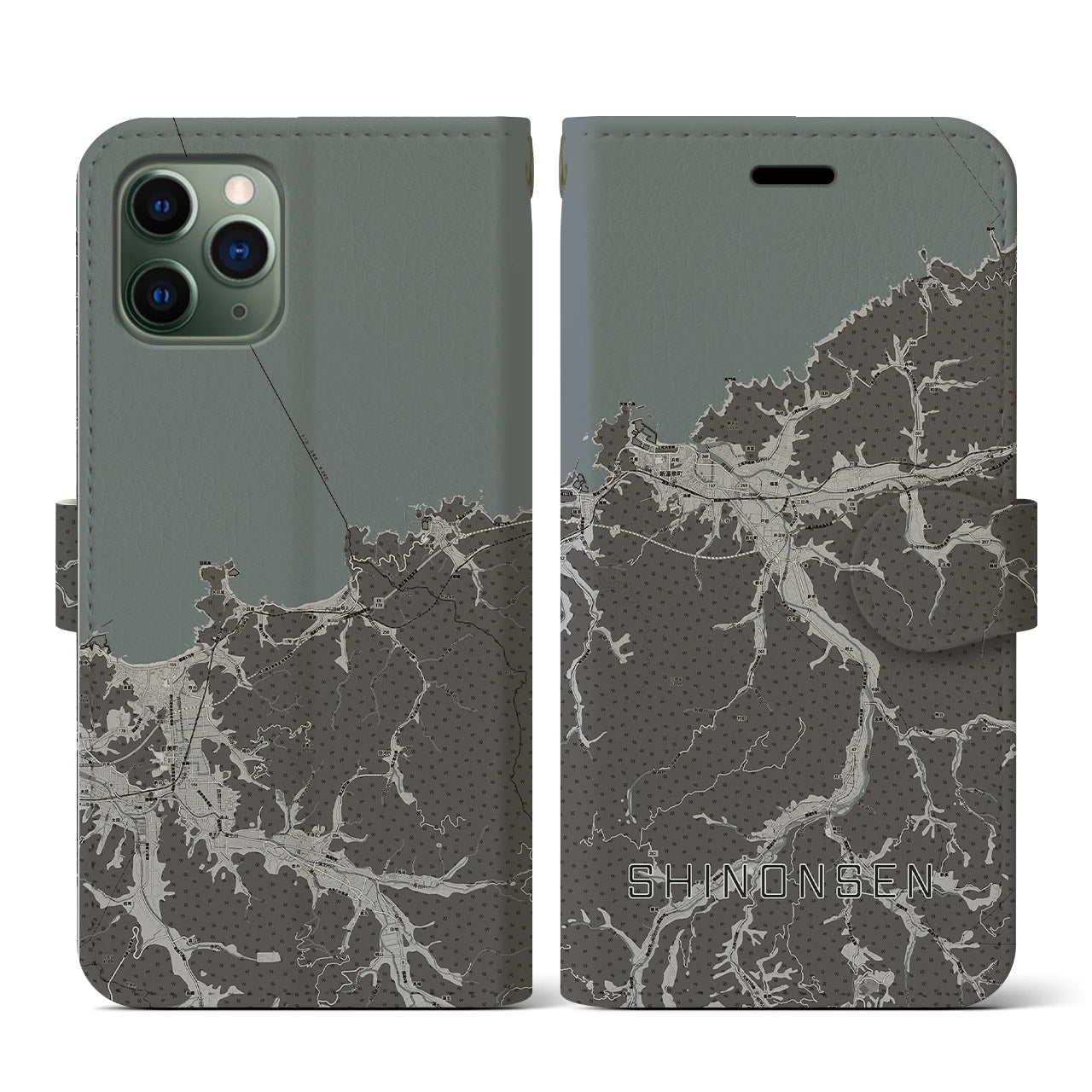 【新温泉(兵庫県)】地図柄iPhoneケース(手帳タイプ)モノトーン・iPhone 11 Pro 用