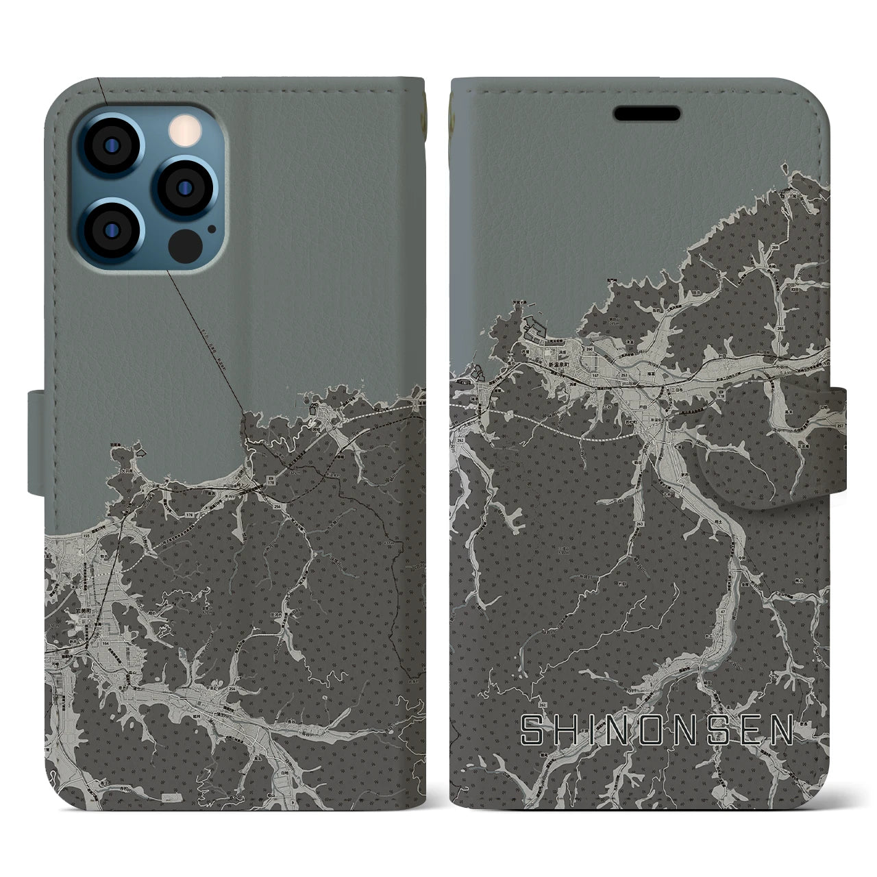 【新温泉(兵庫県)】地図柄iPhoneケース(手帳タイプ)モノトーン・iPhone 12 / 12 Pro 用