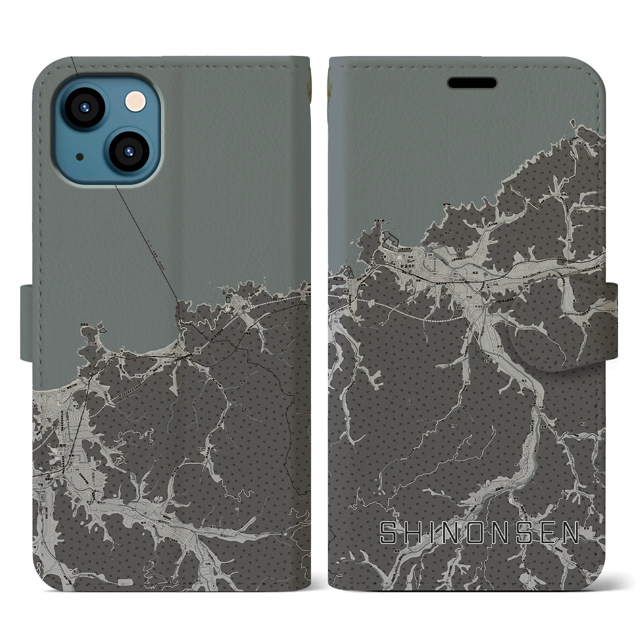 【新温泉(兵庫県)】地図柄iPhoneケース(手帳タイプ)モノトーン・iPhone 13 用