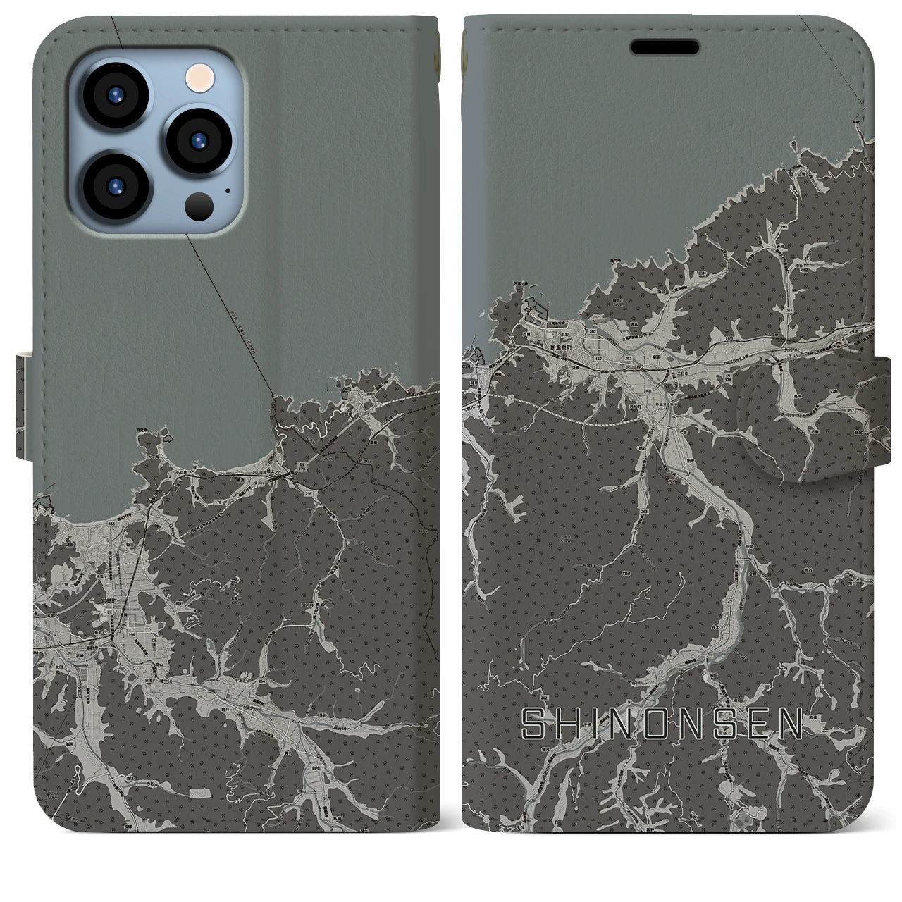 【新温泉(兵庫県)】地図柄iPhoneケース(手帳タイプ)モノトーン・iPhone 13 Pro Max 用