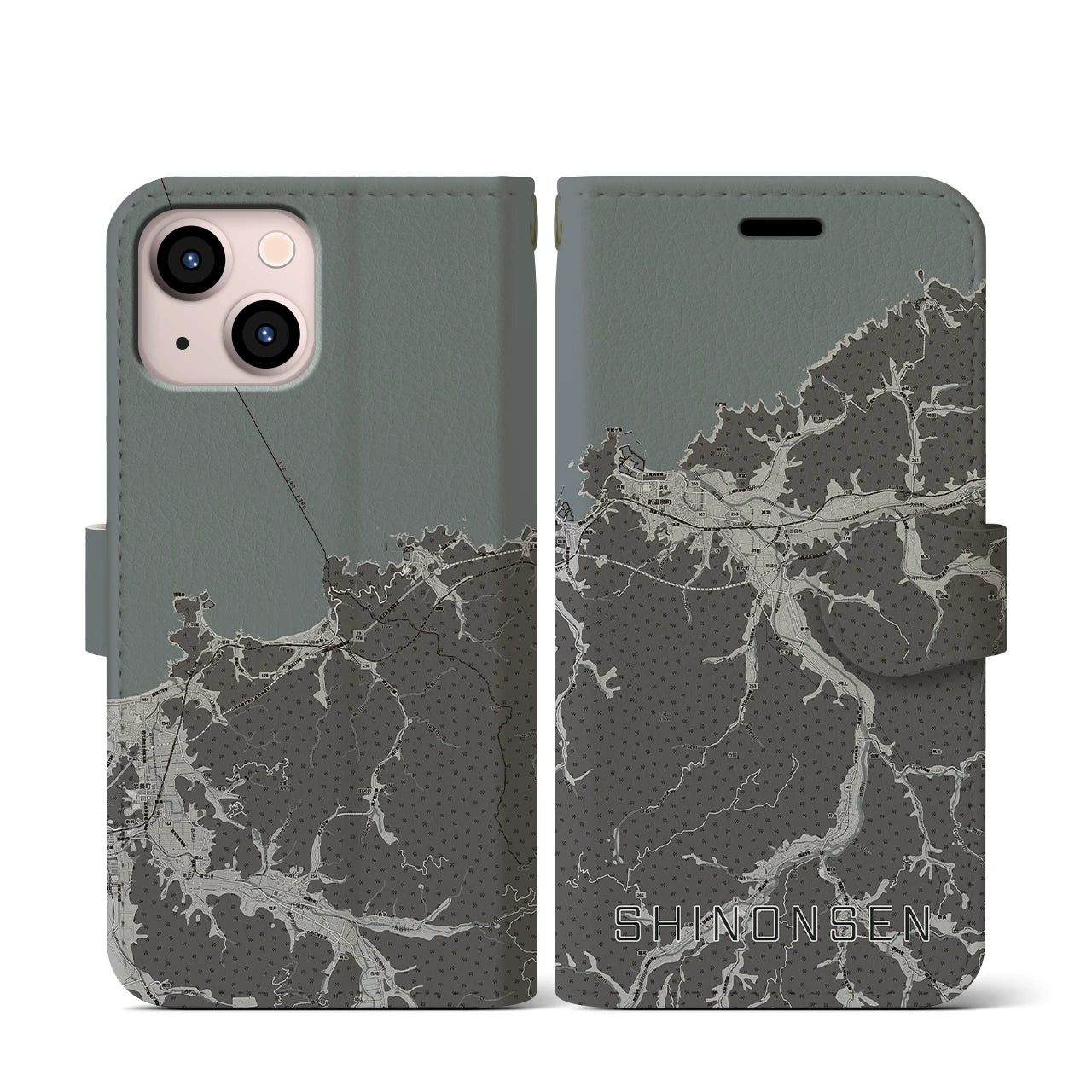 【新温泉(兵庫県)】地図柄iPhoneケース(手帳タイプ)モノトーン・iPhone 13 mini 用