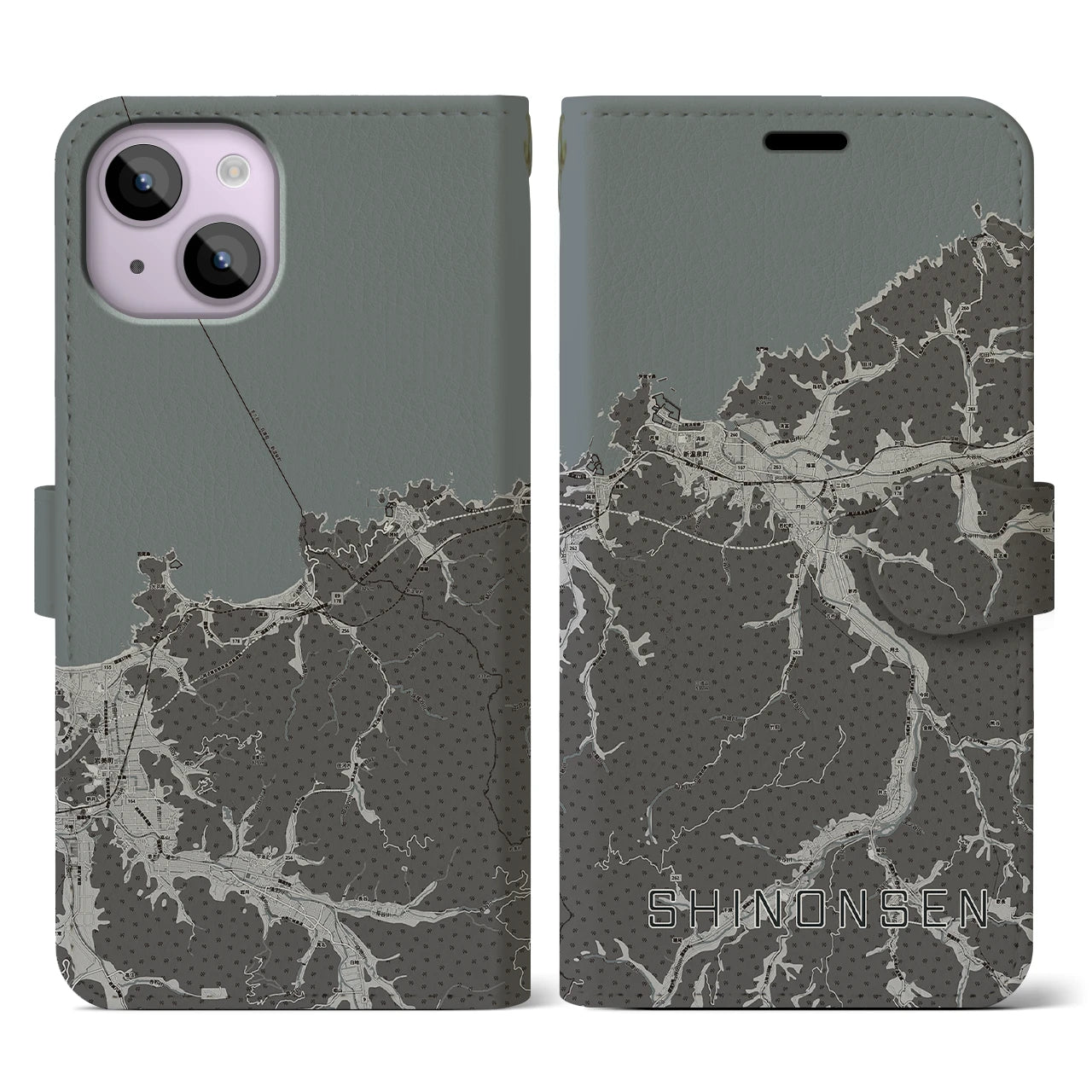 【新温泉(兵庫県)】地図柄iPhoneケース(手帳タイプ)モノトーン・iPhone 14 用