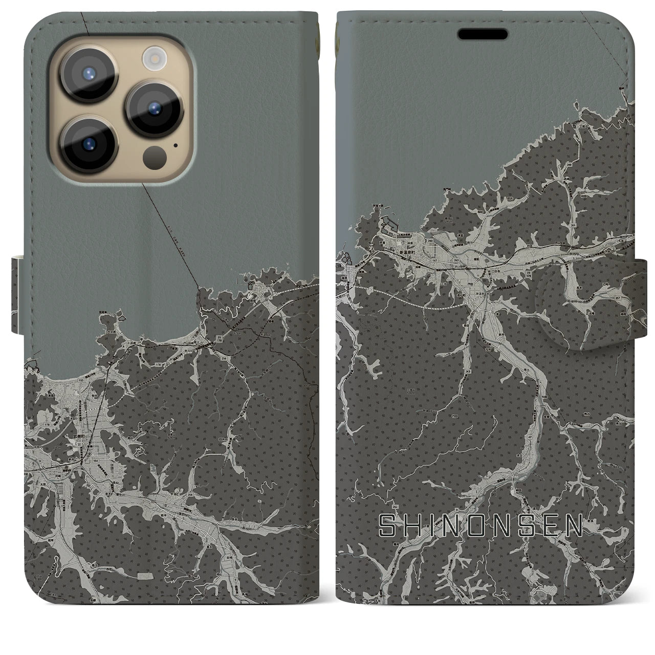 【新温泉(兵庫県)】地図柄iPhoneケース(手帳タイプ)モノトーン・iPhone 14 Pro Max 用