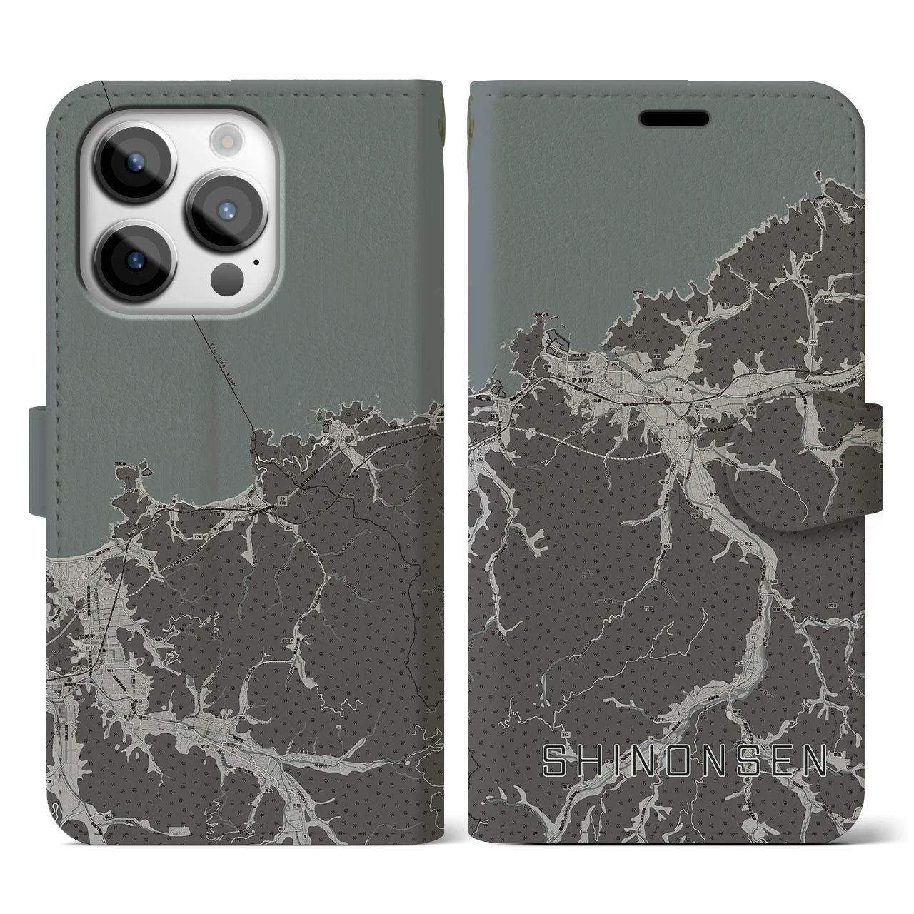 【新温泉(兵庫県)】地図柄iPhoneケース(手帳タイプ)モノトーン・iPhone 14 Pro 用