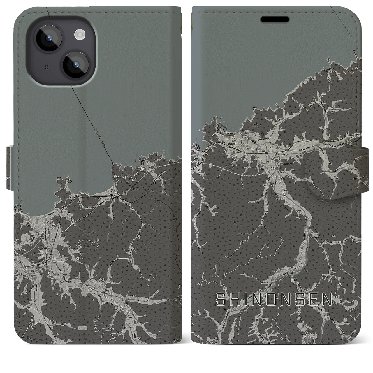 【新温泉(兵庫県)】地図柄iPhoneケース(手帳タイプ)モノトーン・iPhone 14 Plus 用