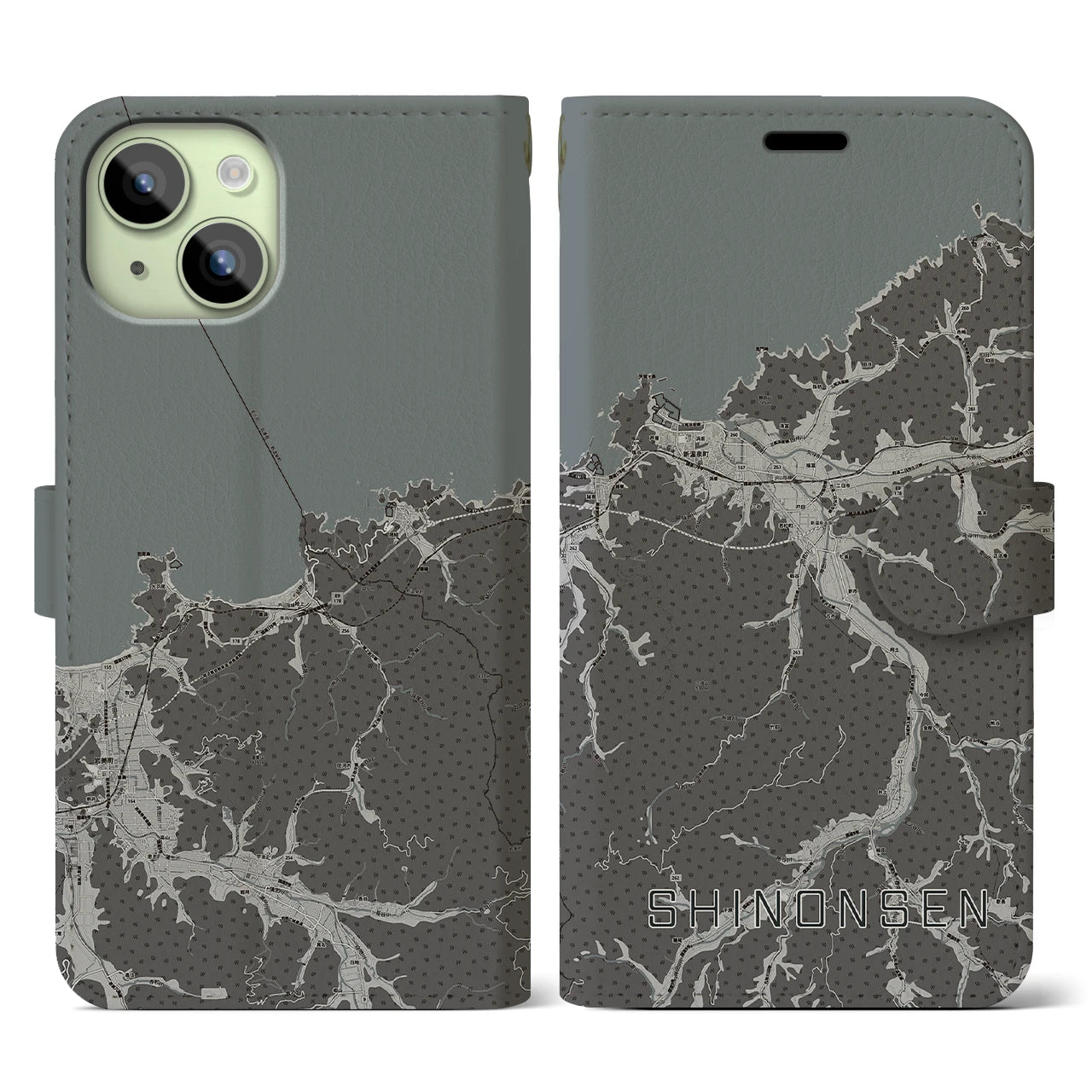 【新温泉(兵庫県)】地図柄iPhoneケース(手帳タイプ)モノトーン・iPhone 15 用