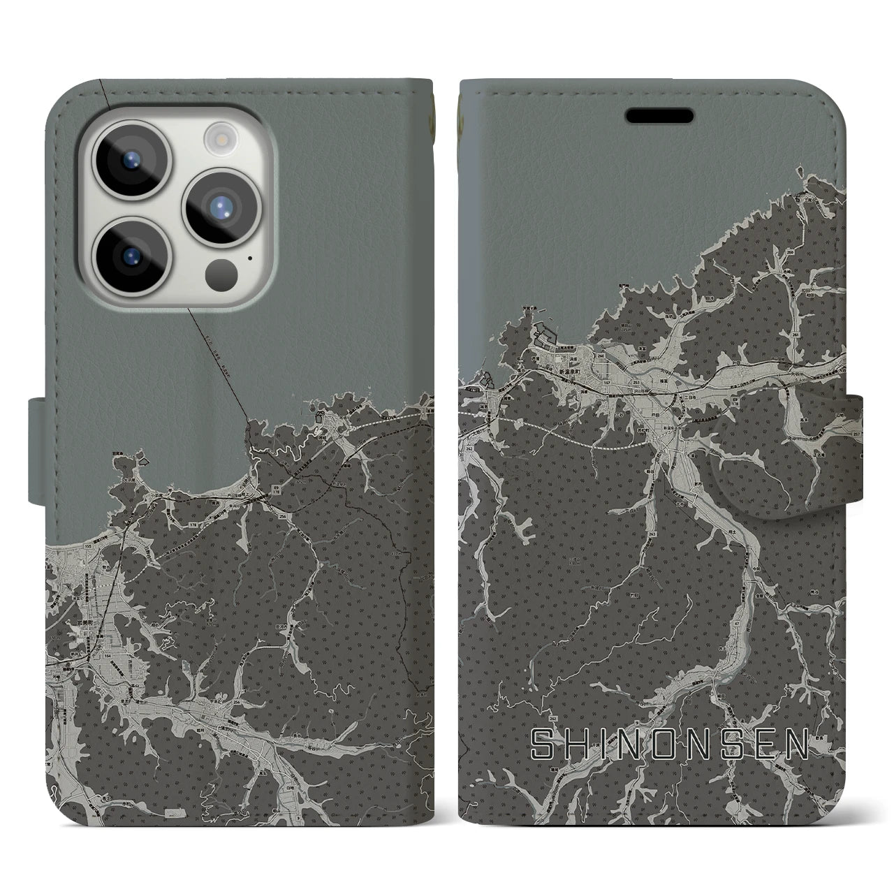 【新温泉(兵庫県)】地図柄iPhoneケース(手帳タイプ)モノトーン・iPhone 15 Pro 用