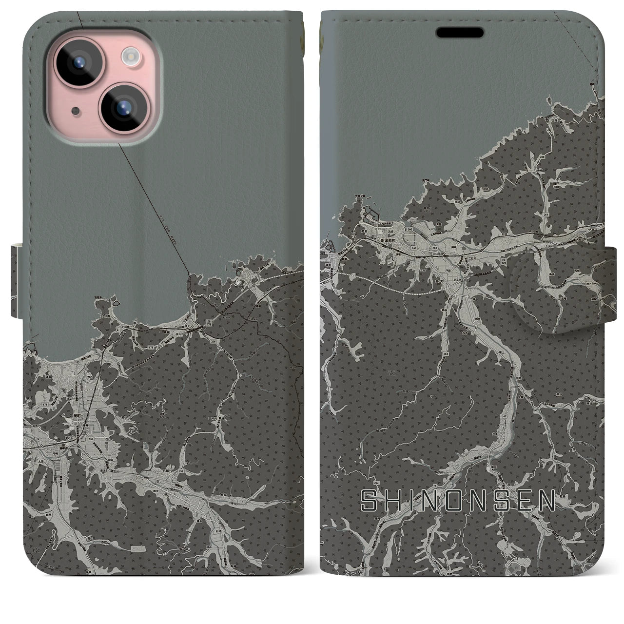 【新温泉(兵庫県)】地図柄iPhoneケース(手帳タイプ)モノトーン・iPhone 15 Plus 用