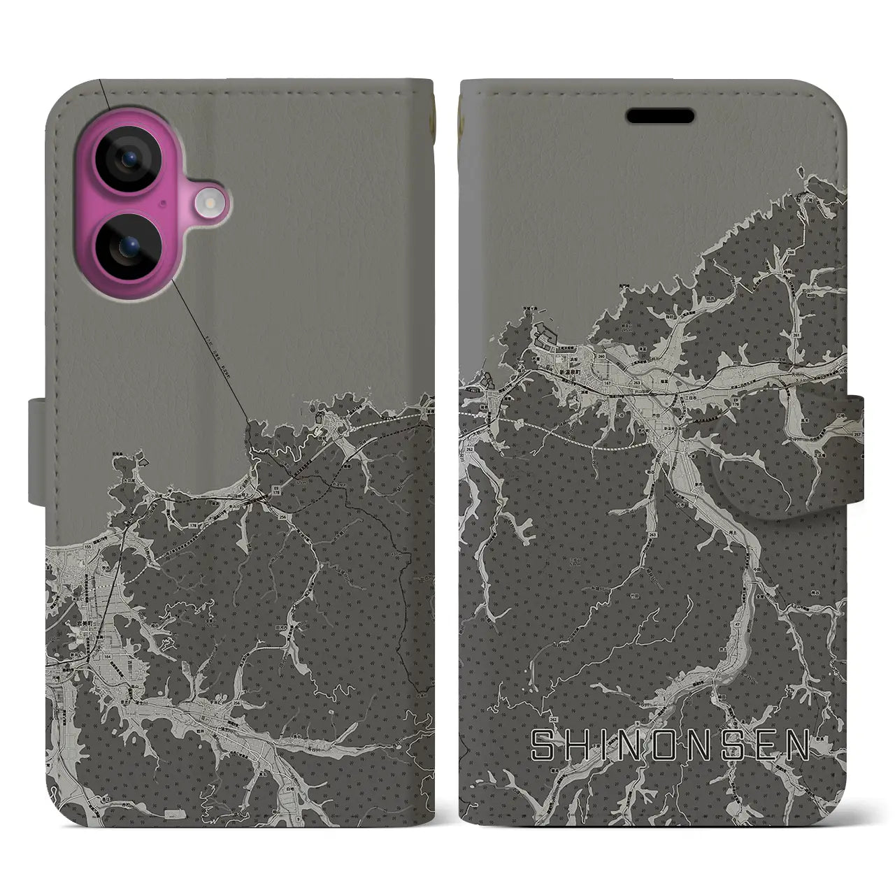 【新温泉(兵庫県)】地図柄iPhoneケース(手帳タイプ)モノトーン・iPhone 16 Pro 用