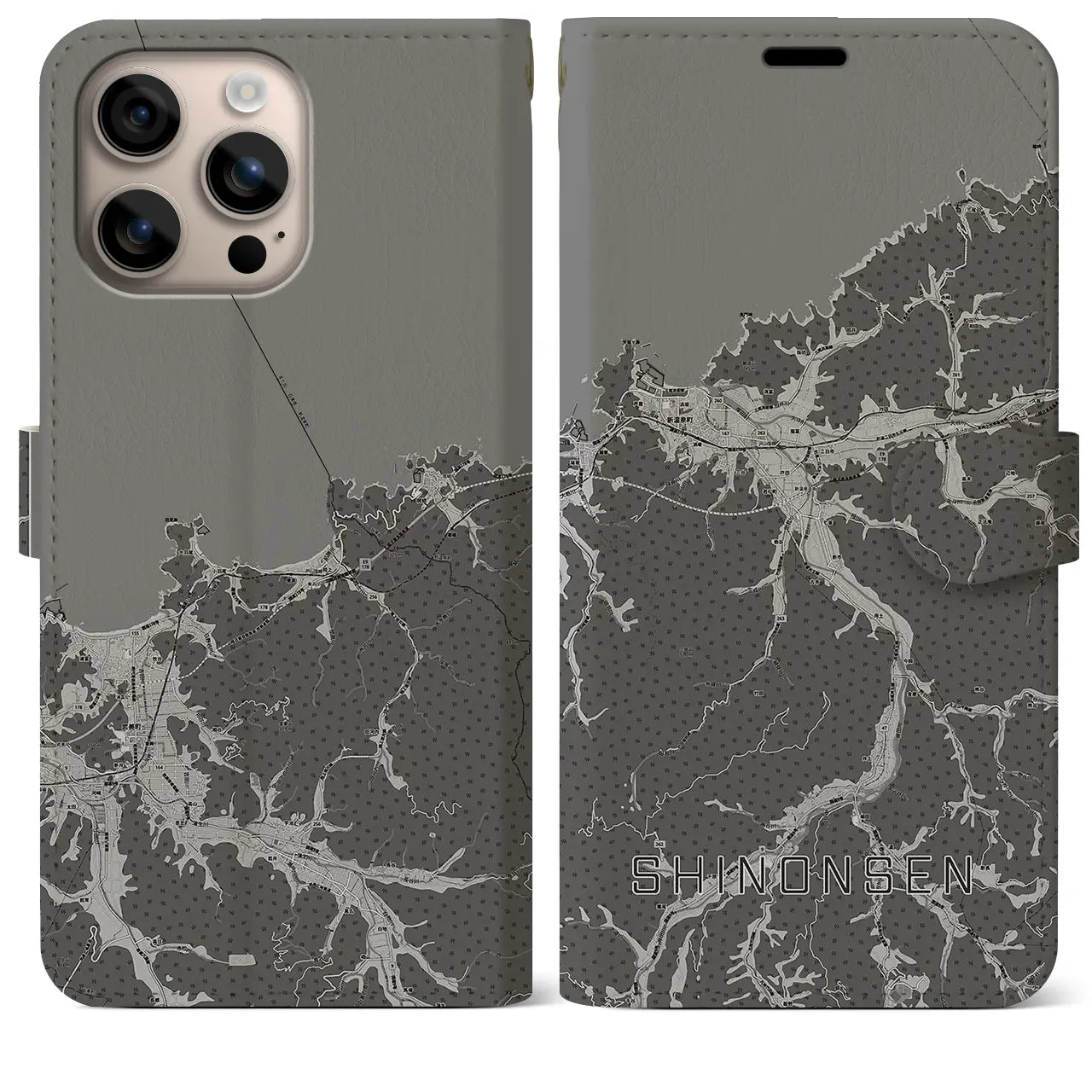 【新温泉(兵庫県)】地図柄iPhoneケース(手帳タイプ)モノトーン・iPhone 16 Plus 用