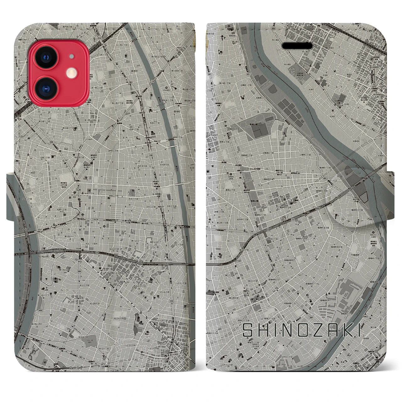 【篠崎(東京都)】地図柄iPhoneケース(手帳タイプ)モノトーン・iPhone 11 用
