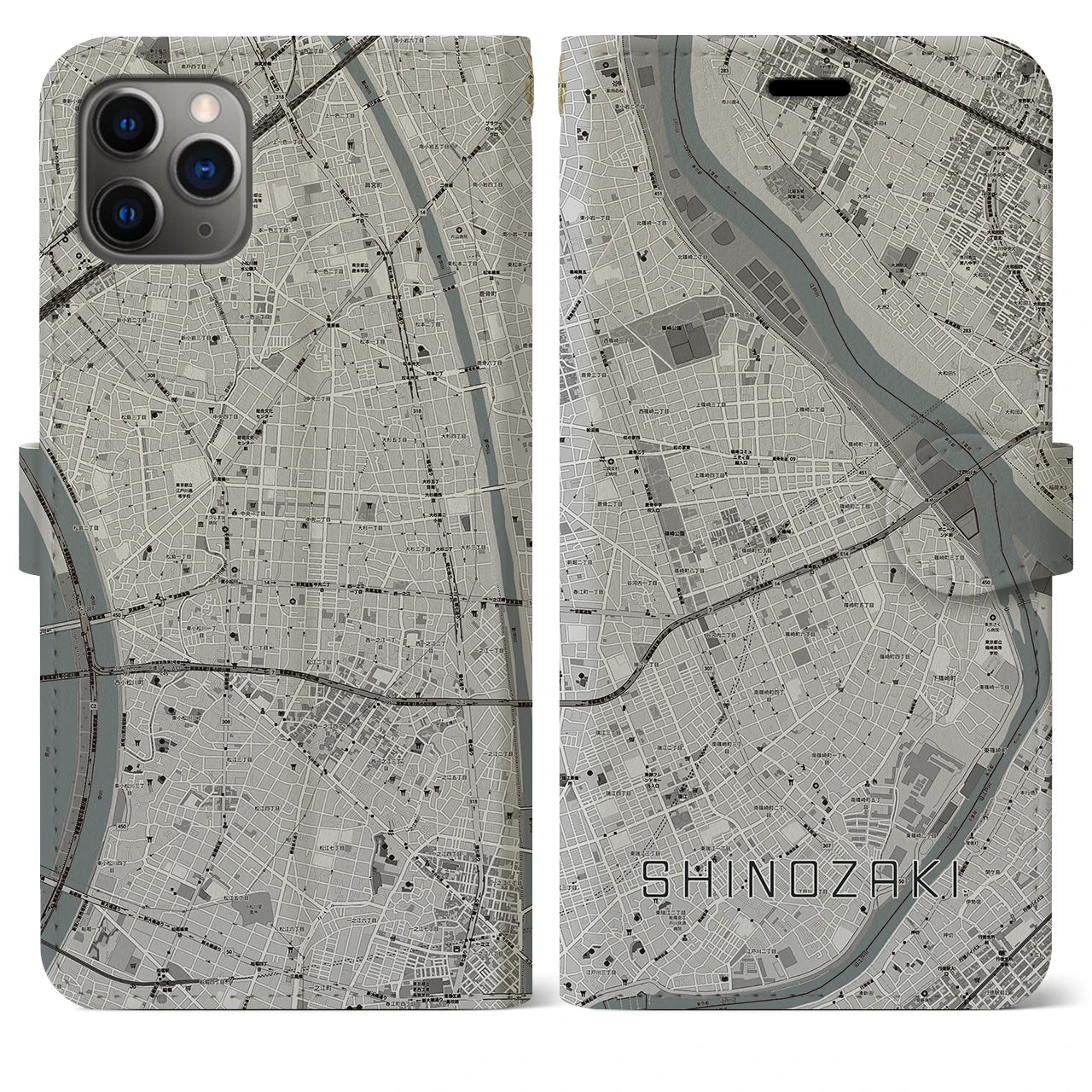 【篠崎(東京都)】地図柄iPhoneケース(手帳タイプ)モノトーン・iPhone 11 Pro Max 用