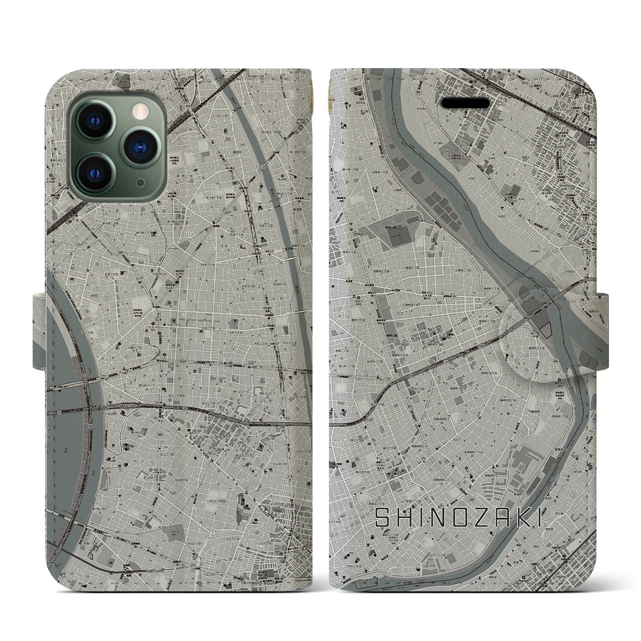 【篠崎(東京都)】地図柄iPhoneケース(手帳タイプ)モノトーン・iPhone 11 Pro 用