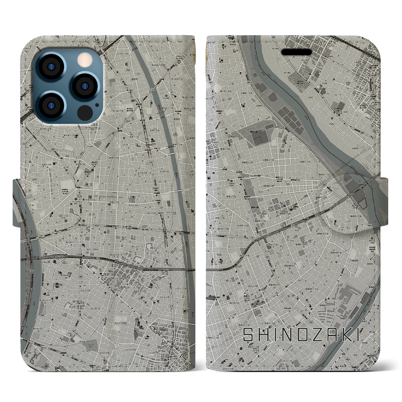 【篠崎(東京都)】地図柄iPhoneケース(手帳タイプ)モノトーン・iPhone 12 / 12 Pro 用