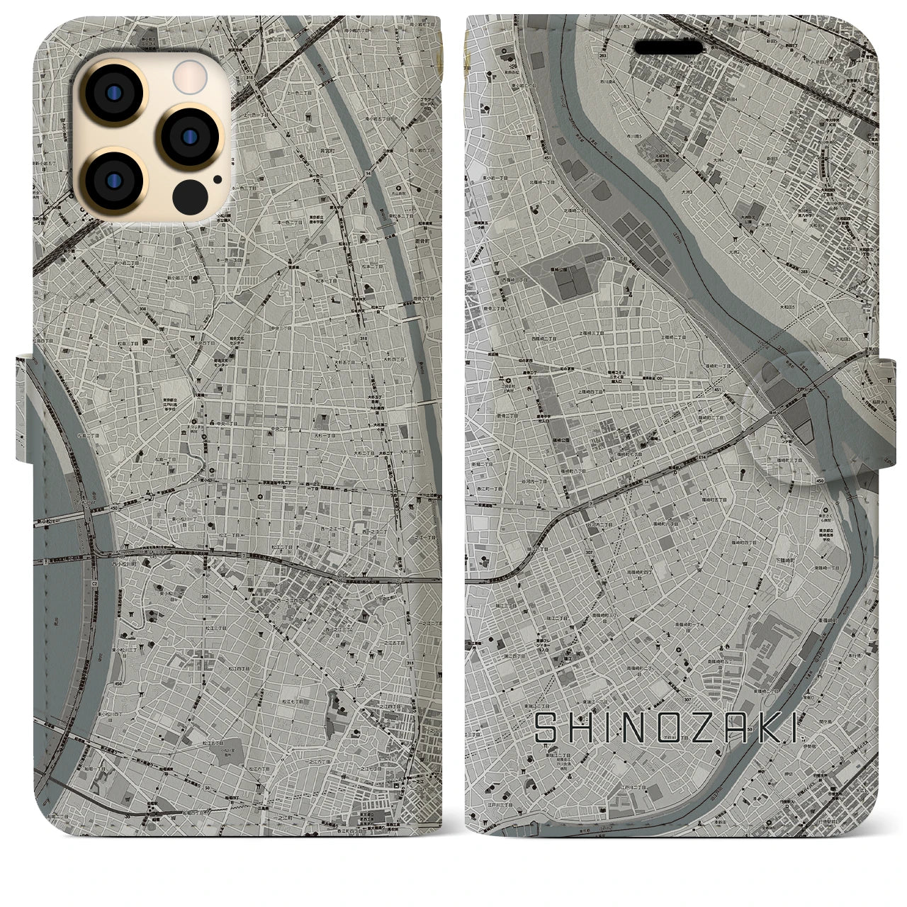 【篠崎(東京都)】地図柄iPhoneケース(手帳タイプ)モノトーン・iPhone 12 Pro Max 用