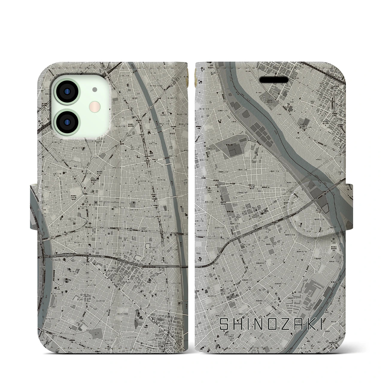 【篠崎(東京都)】地図柄iPhoneケース(手帳タイプ)モノトーン・iPhone 12 mini 用