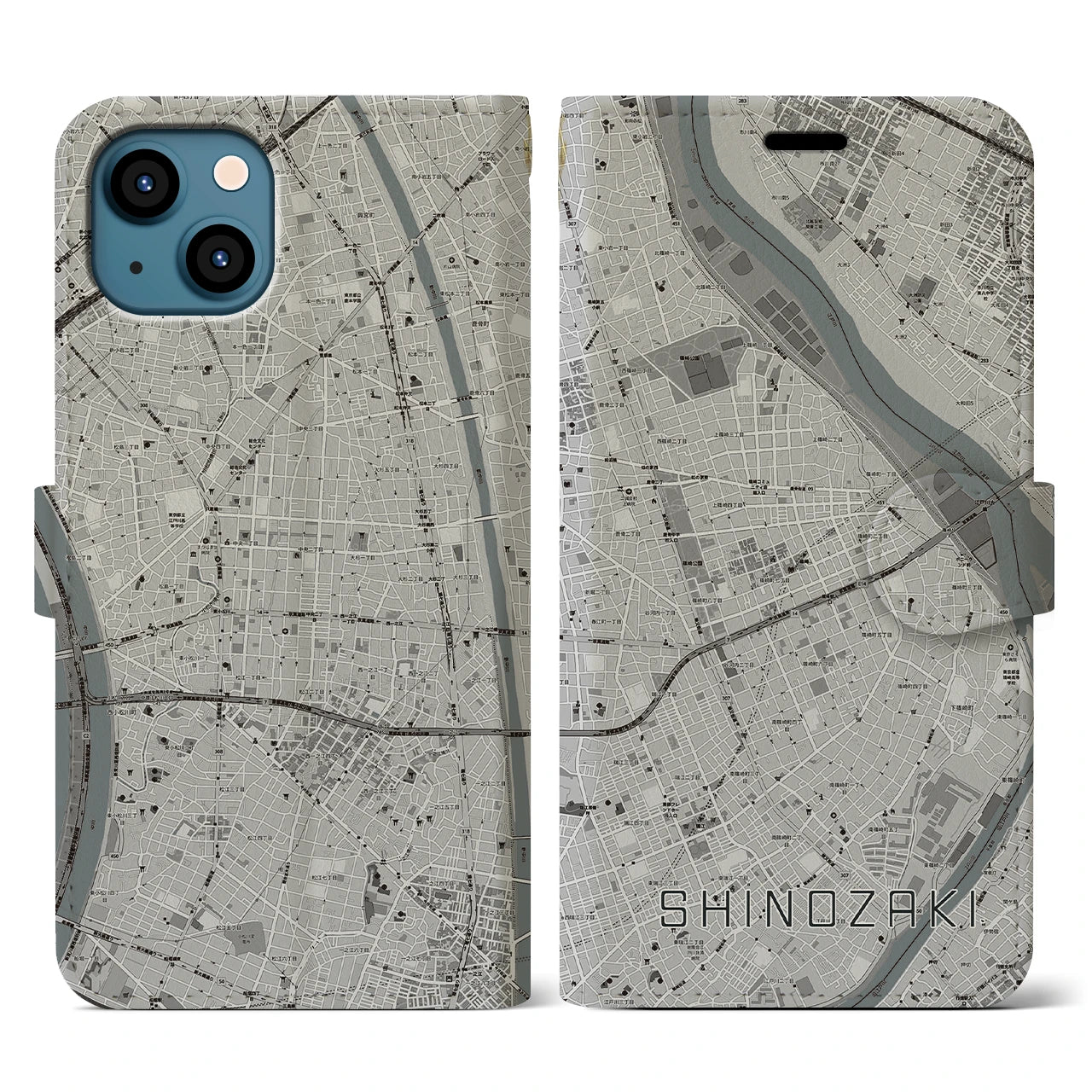 【篠崎(東京都)】地図柄iPhoneケース(手帳タイプ)モノトーン・iPhone 13 用