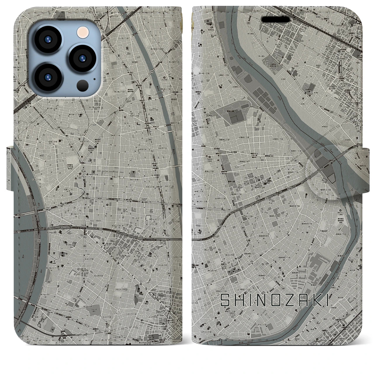 【篠崎(東京都)】地図柄iPhoneケース(手帳タイプ)モノトーン・iPhone 13 Pro Max 用