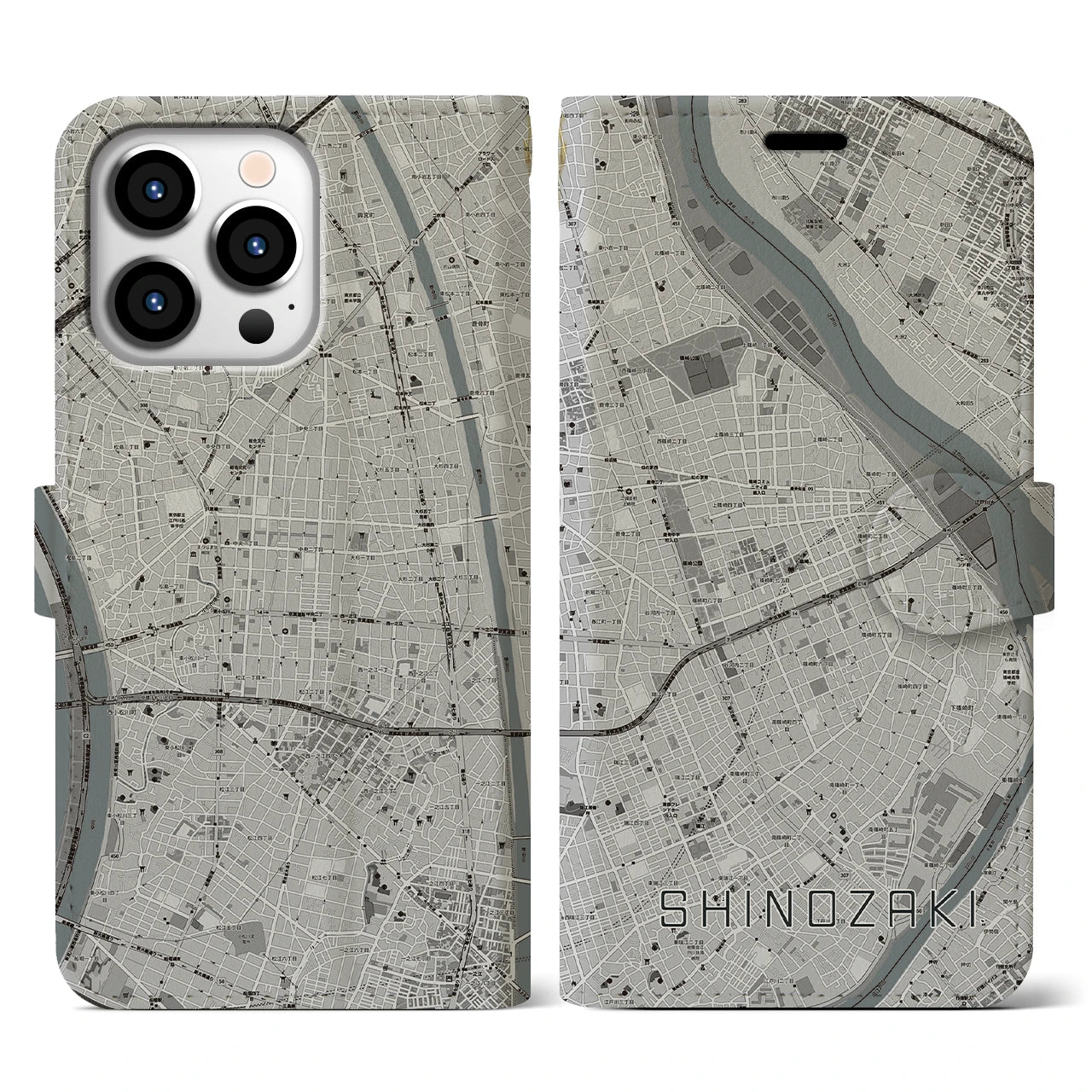 【篠崎(東京都)】地図柄iPhoneケース(手帳タイプ)モノトーン・iPhone 13 Pro 用