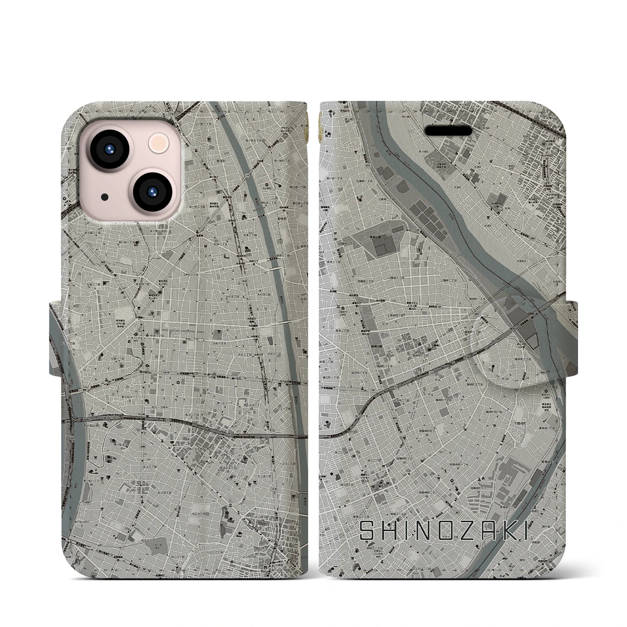 【篠崎(東京都)】地図柄iPhoneケース(手帳タイプ)モノトーン・iPhone 13 mini 用