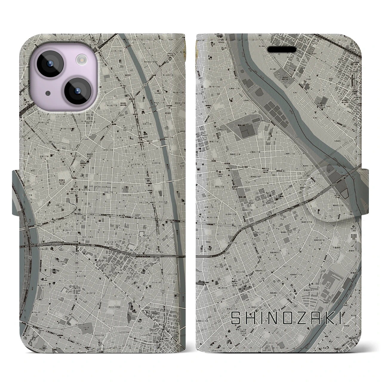 【篠崎(東京都)】地図柄iPhoneケース(手帳タイプ)モノトーン・iPhone 14 用