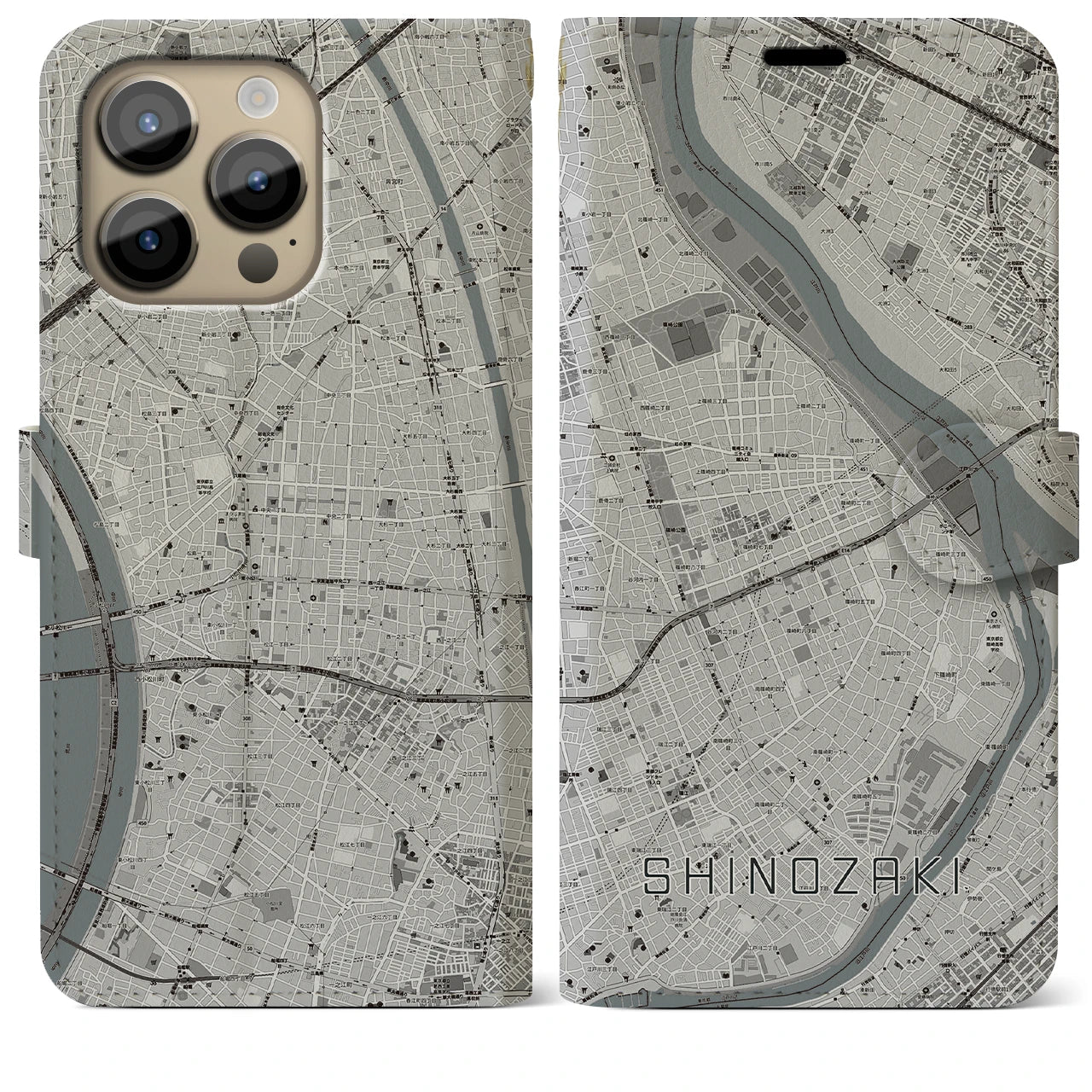 【篠崎(東京都)】地図柄iPhoneケース(手帳タイプ)モノトーン・iPhone 14 Pro Max 用