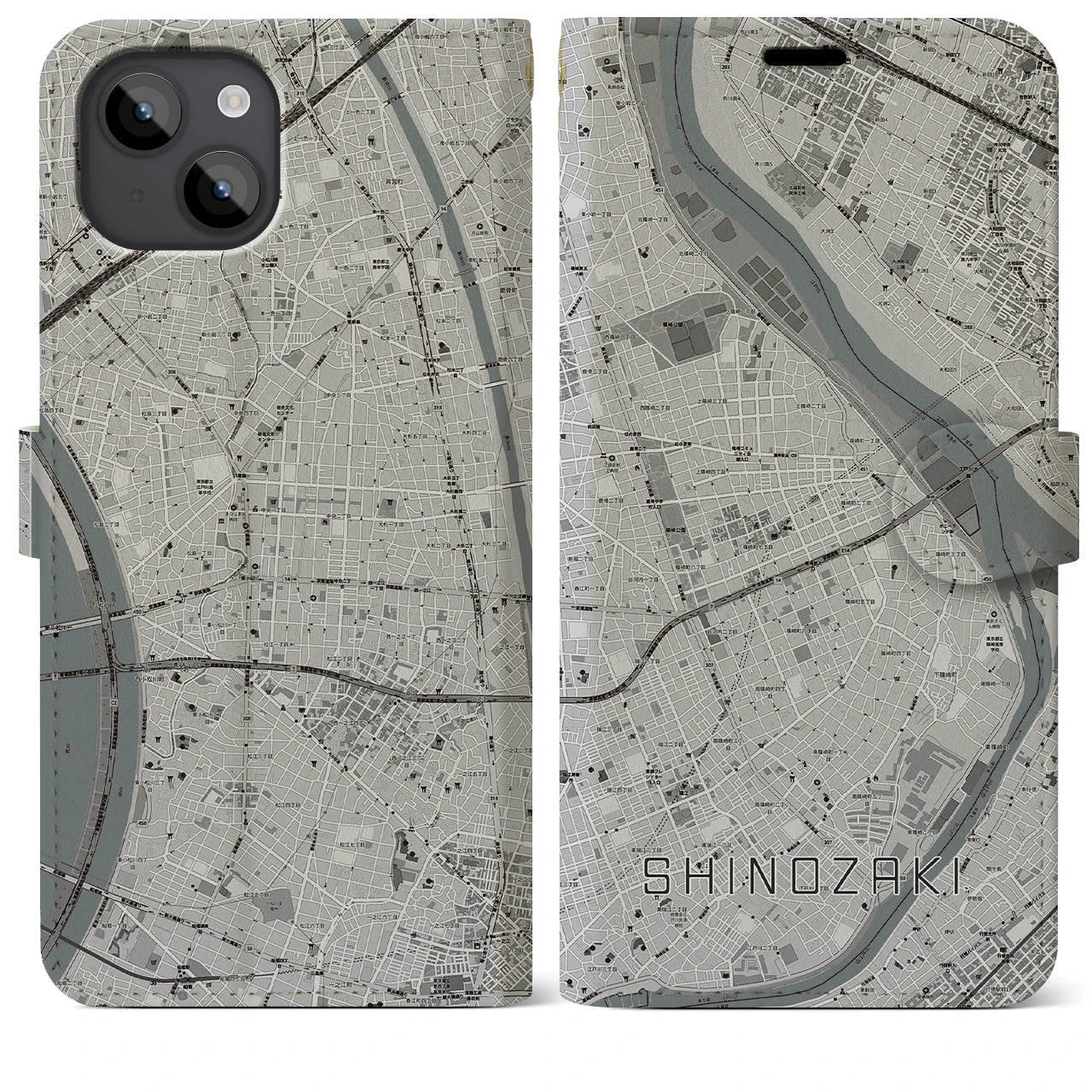 【篠崎(東京都)】地図柄iPhoneケース(手帳タイプ)モノトーン・iPhone 14 Plus 用