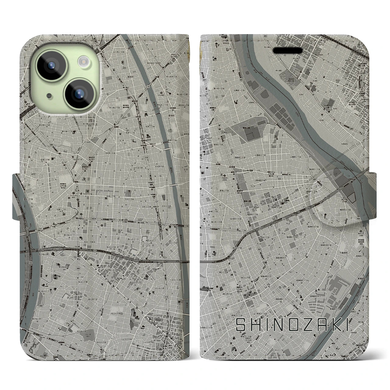 【篠崎(東京都)】地図柄iPhoneケース(手帳タイプ)モノトーン・iPhone 15 用