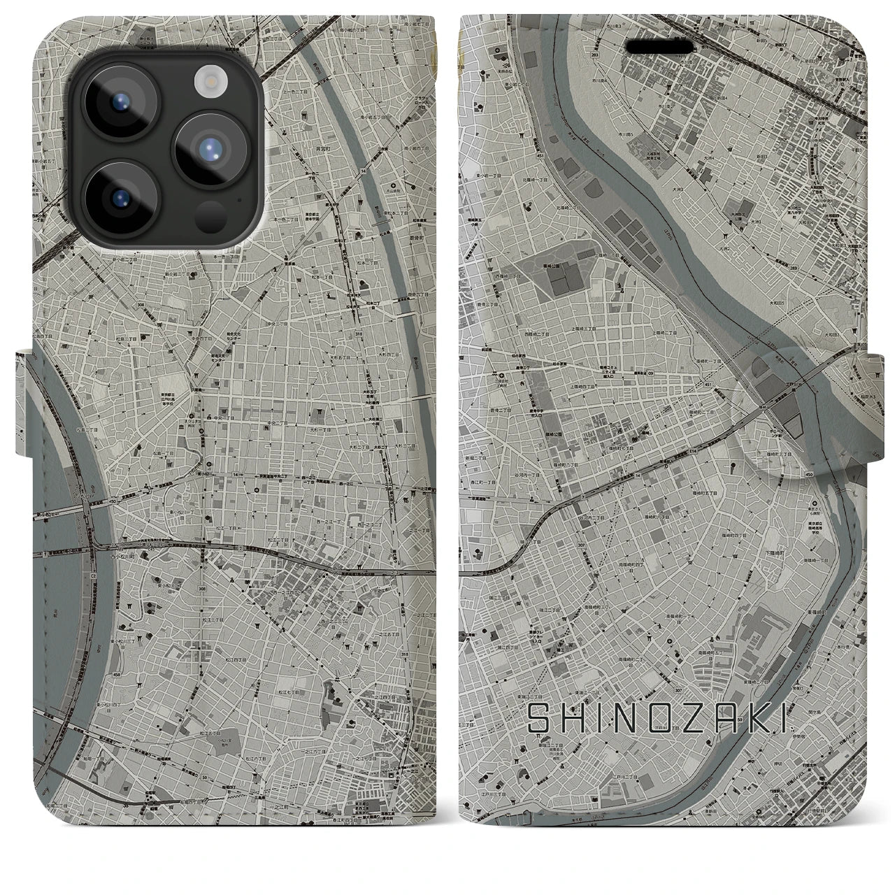 【篠崎(東京都)】地図柄iPhoneケース(手帳タイプ)モノトーン・iPhone 15 Pro Max 用