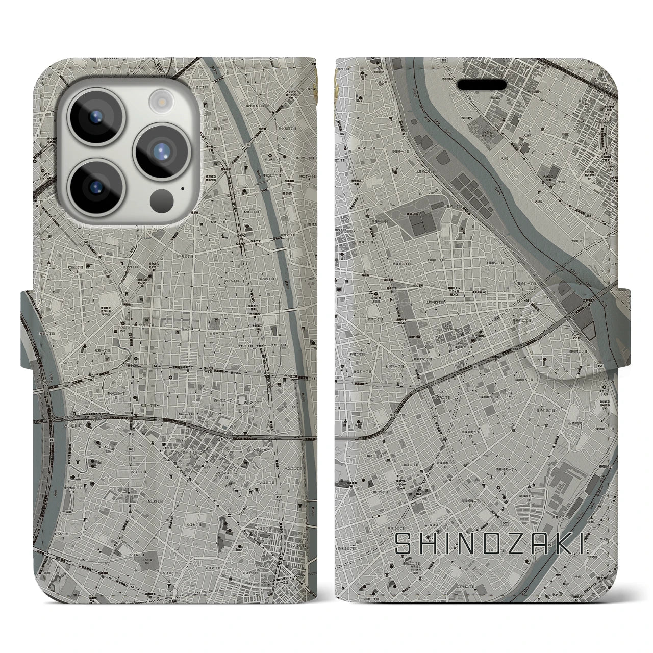 【篠崎(東京都)】地図柄iPhoneケース(手帳タイプ)モノトーン・iPhone 15 Pro 用