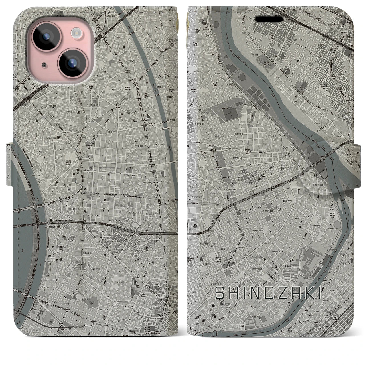 【篠崎(東京都)】地図柄iPhoneケース(手帳タイプ)モノトーン・iPhone 15 Plus 用