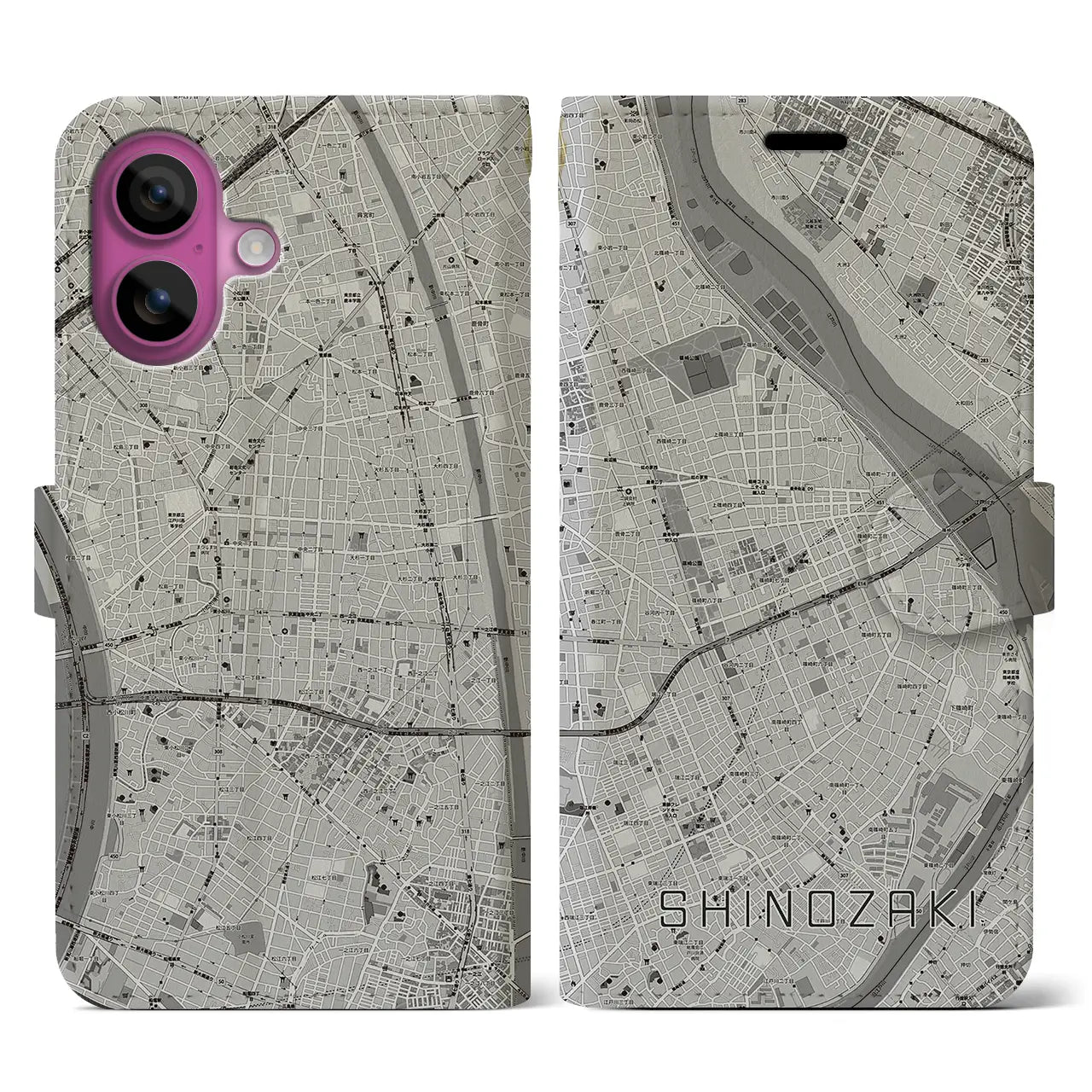 【篠崎(東京都)】地図柄iPhoneケース(手帳タイプ)モノトーン・iPhone 16 Pro 用