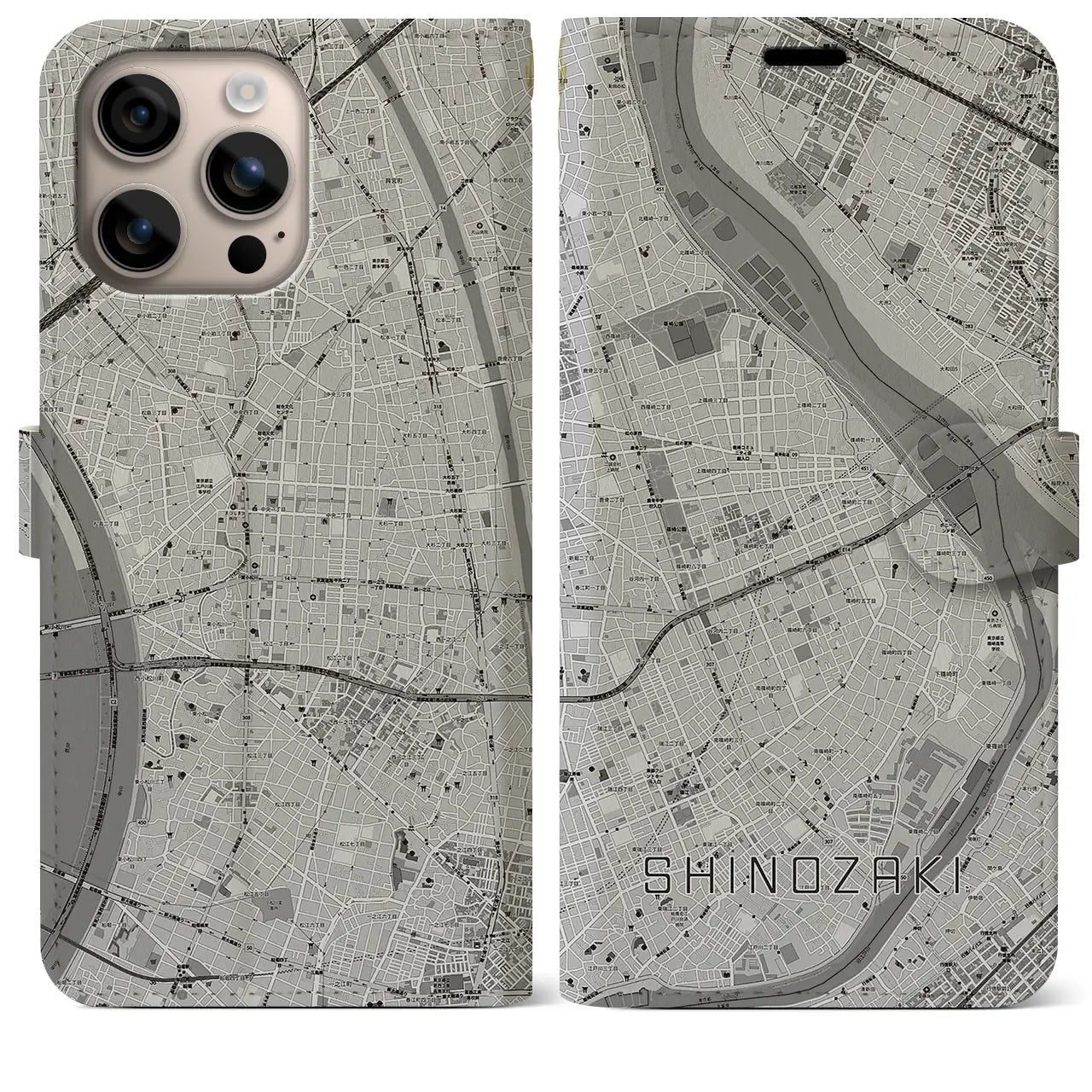 【篠崎(東京都)】地図柄iPhoneケース(手帳タイプ)モノトーン・iPhone 16 Plus 用