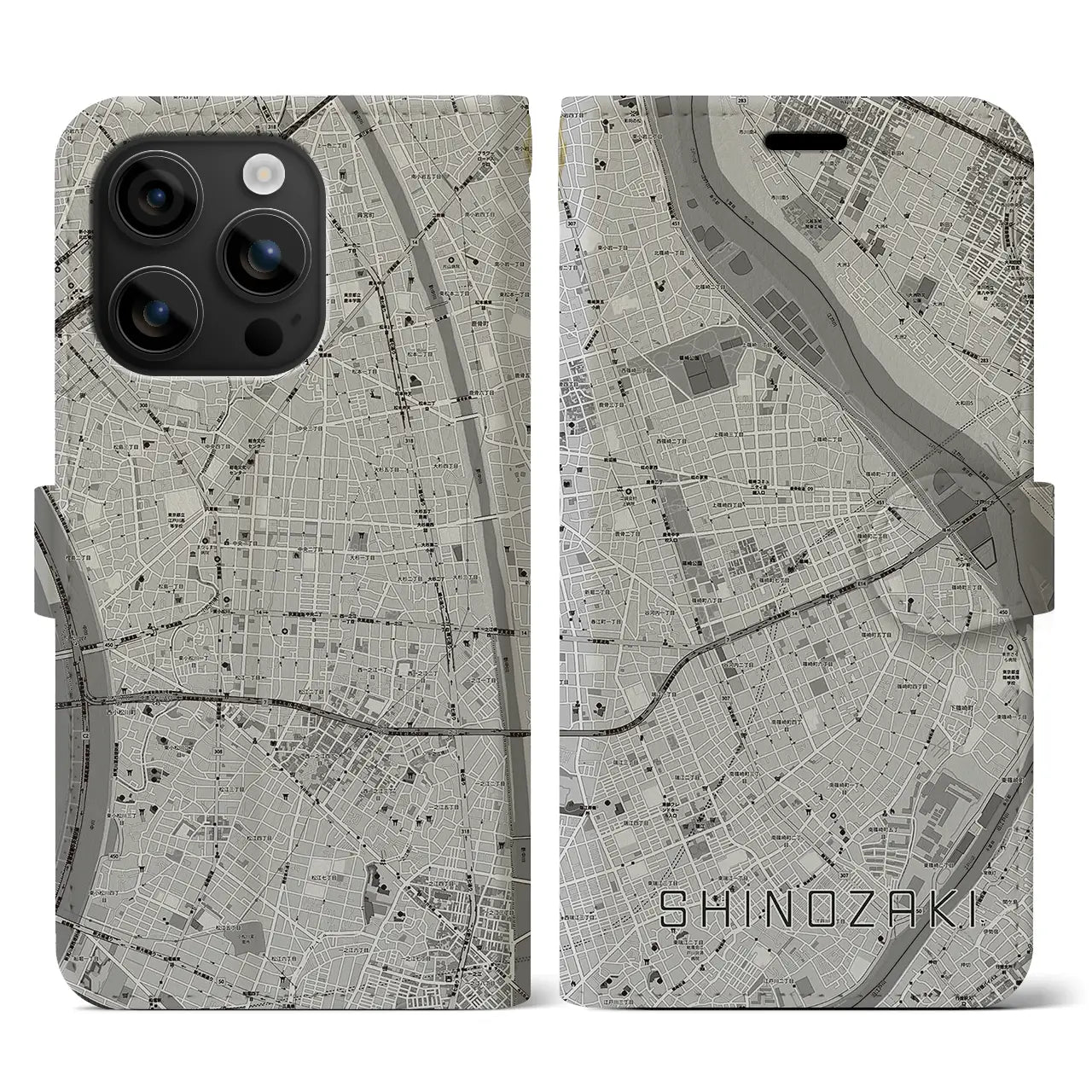 【篠崎(東京都)】地図柄iPhoneケース(手帳タイプ)モノトーン・iPhone 16 用
