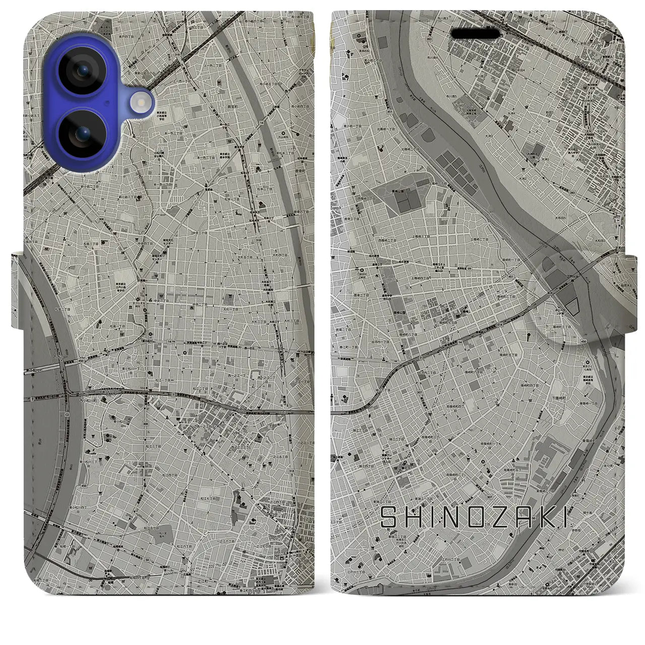 【篠崎(東京都)】地図柄iPhoneケース(手帳タイプ)モノトーン・iPhone 16 Pro Max 用