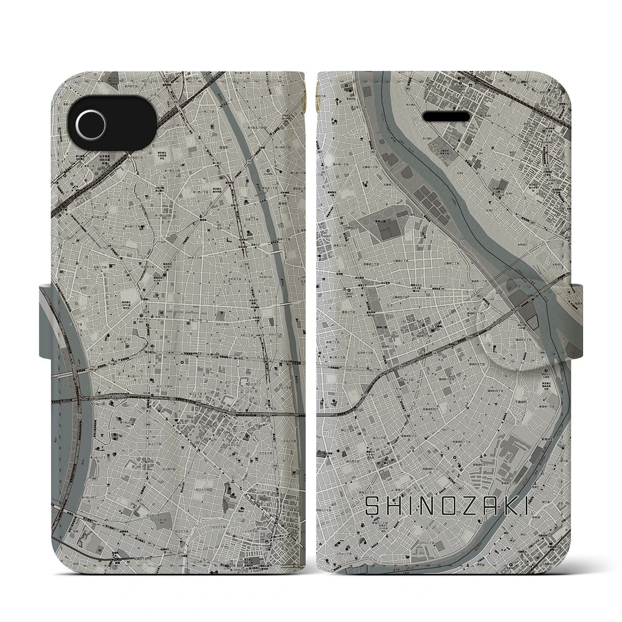 【篠崎(東京都)】地図柄iPhoneケース(手帳タイプ)モノトーン・iPhone SE(第3 / 第2世代) / 8 / 7 / 6s / 6 用