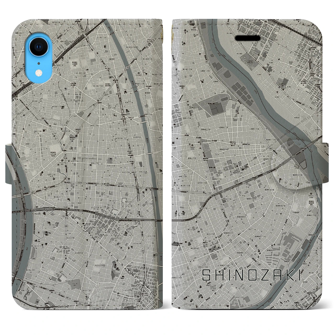 【篠崎(東京都)】地図柄iPhoneケース(手帳タイプ)モノトーン・iPhone XR 用