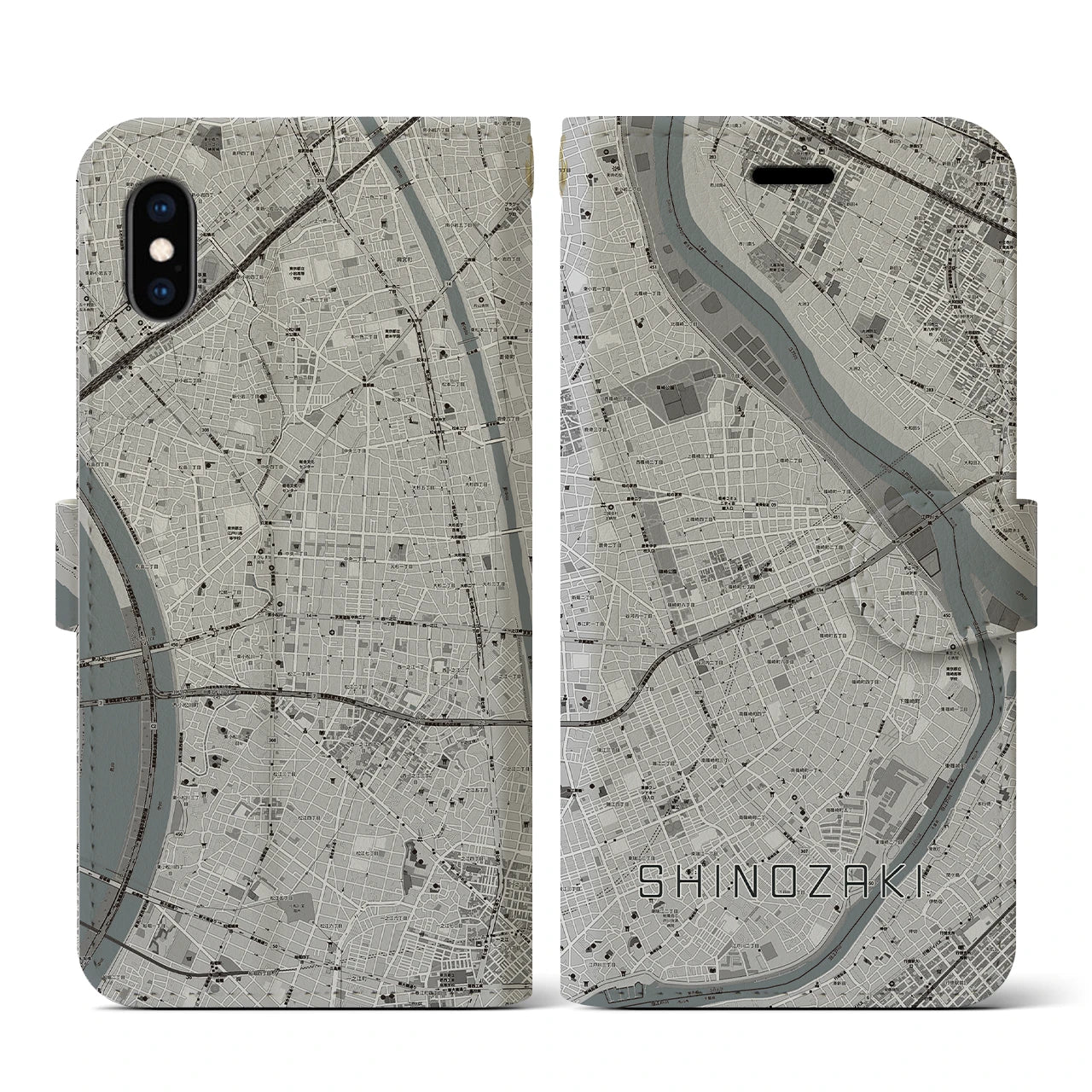 【篠崎(東京都)】地図柄iPhoneケース(手帳タイプ)モノトーン・iPhone XS / X 用