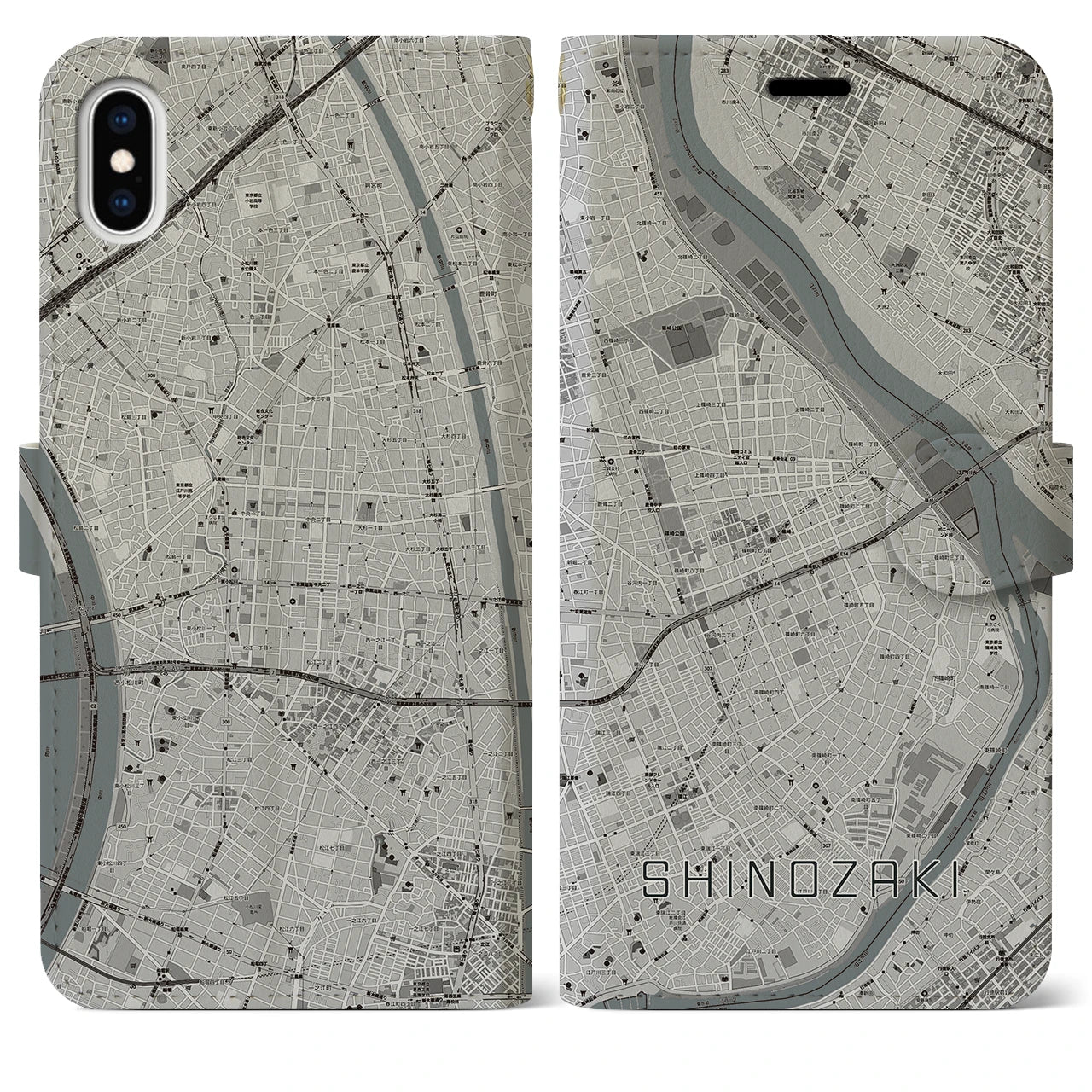 【篠崎(東京都)】地図柄iPhoneケース(手帳タイプ)モノトーン・iPhone XS Max 用