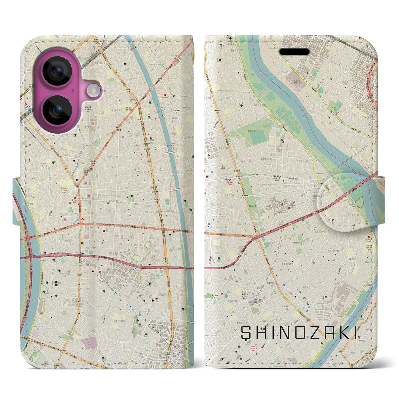 【篠崎(東京都)】地図柄iPhoneケース(手帳タイプ)ナチュラル・iPhone 16 Pro 用