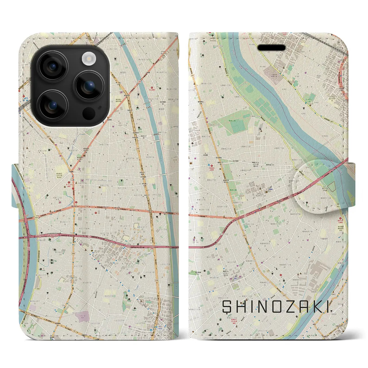【篠崎(東京都)】地図柄iPhoneケース(手帳タイプ)ナチュラル・iPhone 16 用