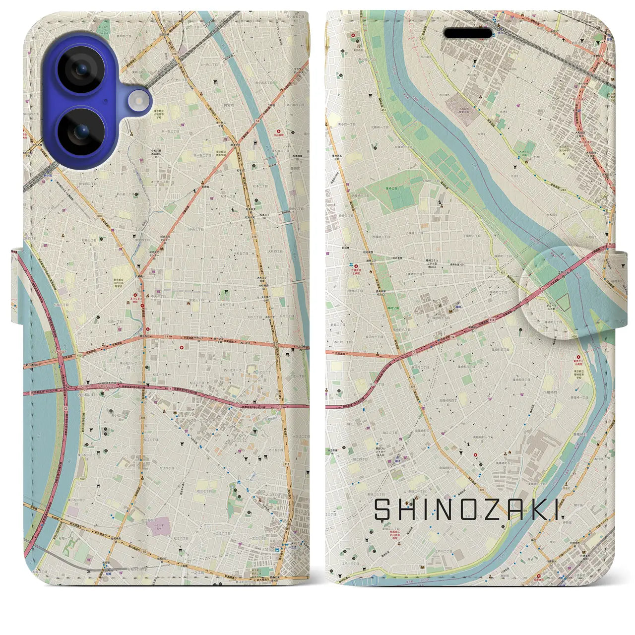 【篠崎(東京都)】地図柄iPhoneケース(手帳タイプ)ナチュラル・iPhone 16 Pro Max 用