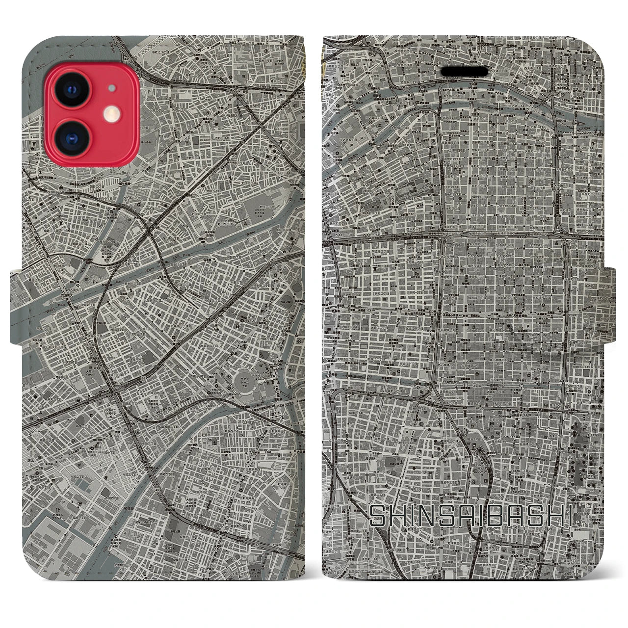 【心斎橋(大阪府)】地図柄iPhoneケース(手帳タイプ)モノトーン・iPhone 11 用