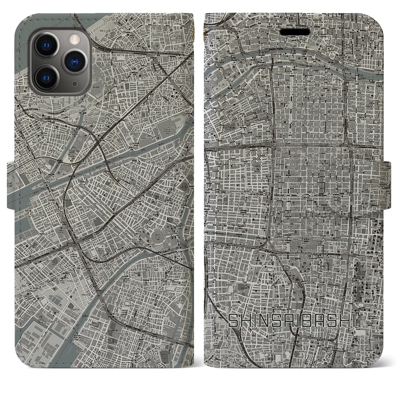 【心斎橋(大阪府)】地図柄iPhoneケース(手帳タイプ)モノトーン・iPhone 11 Pro Max 用