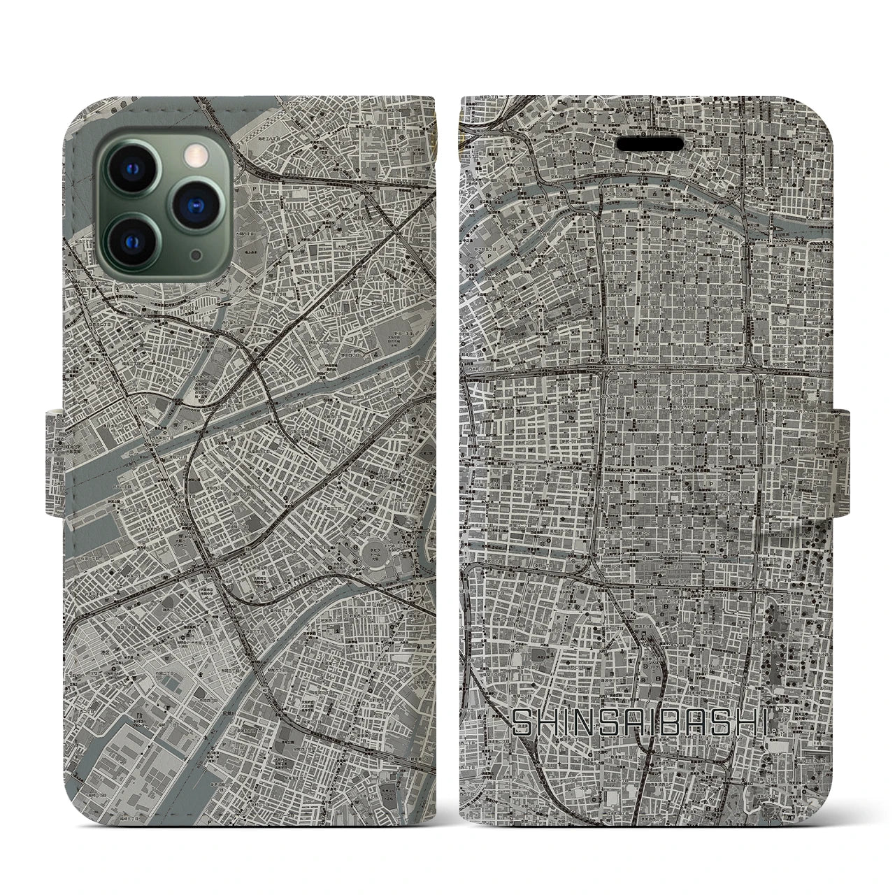 【心斎橋(大阪府)】地図柄iPhoneケース(手帳タイプ)モノトーン・iPhone 11 Pro 用