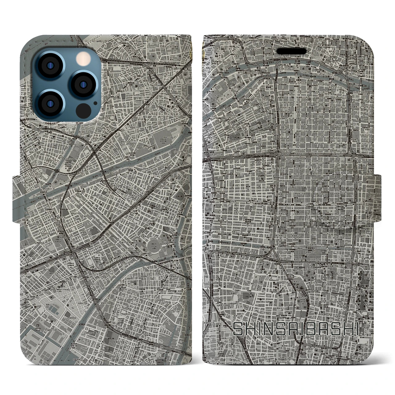 【心斎橋(大阪府)】地図柄iPhoneケース(手帳タイプ)モノトーン・iPhone 12 / 12 Pro 用